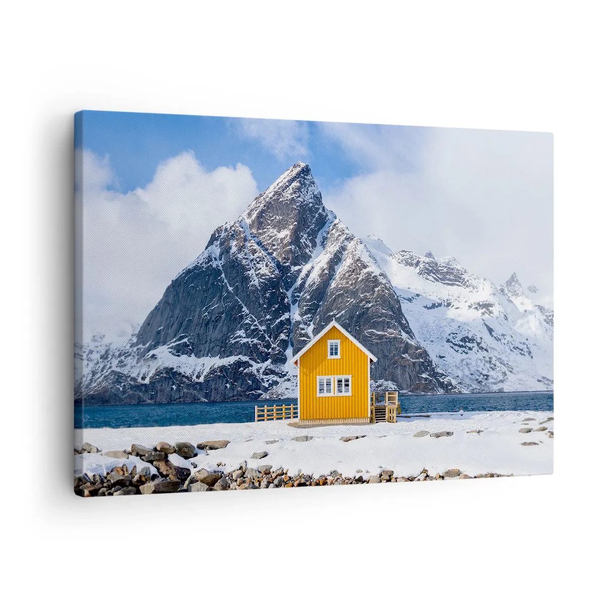 Canvas picture - A yellow house against the backdrop of snow-covered mountains and the sea - 70x50cm - Scandinavian Holiday - Modern wall decoration for the living room and bedroom ARTTOR