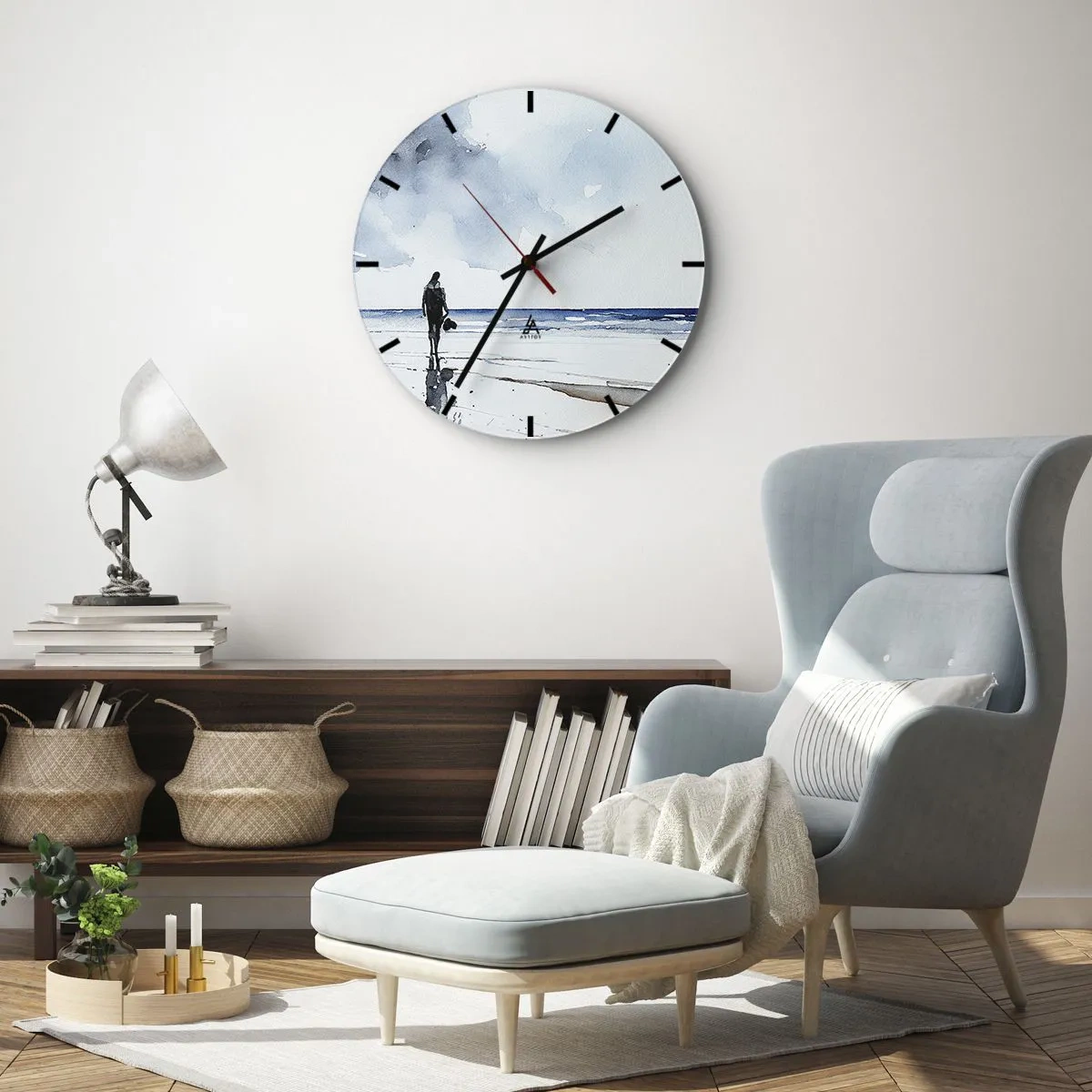Wall clock - Clock on glass - A figure on the beach looking out to sea - 30x30cm - Conversation with the Sea - Modern wall decoration for the living room, kitchen, and bedroom ARTTOR