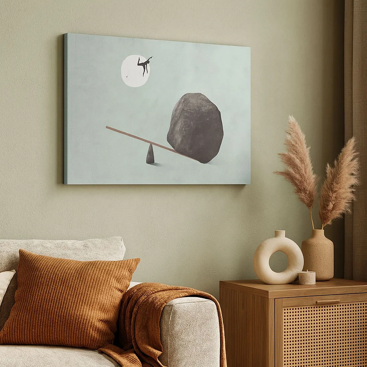 Canvas picture - A symbolic scene with a figure and balance against a bright sky. - 70x50cm - Dream Come True - Modern wall decoration for the living room and bedroom ARTTOR