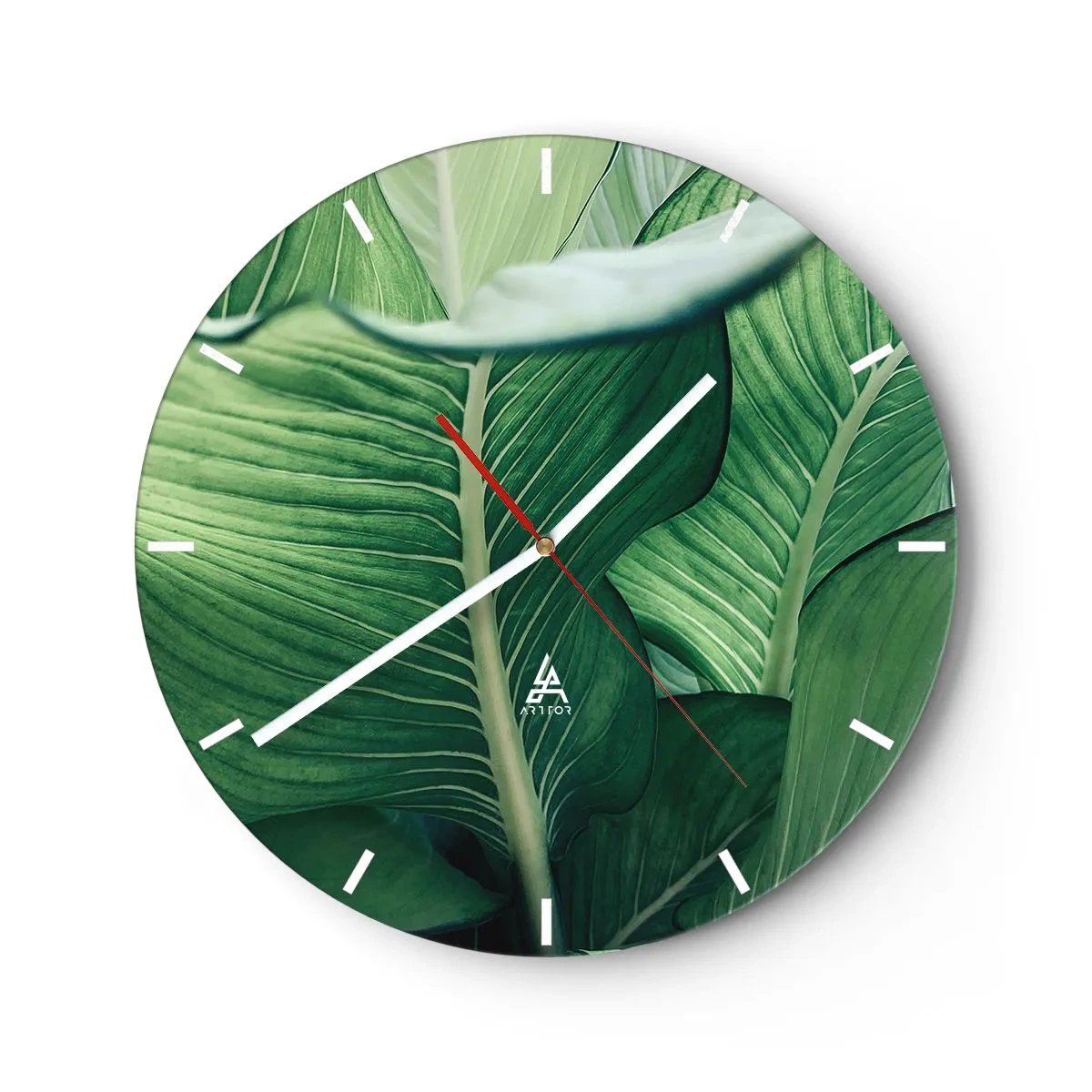Wall clock - Clock on glass - Close-up of intensely green tropical leaves - 30x30cm - Life in Intense Green Colour - Modern wall decoration for the living room, kitchen, and bedroom ARTTOR