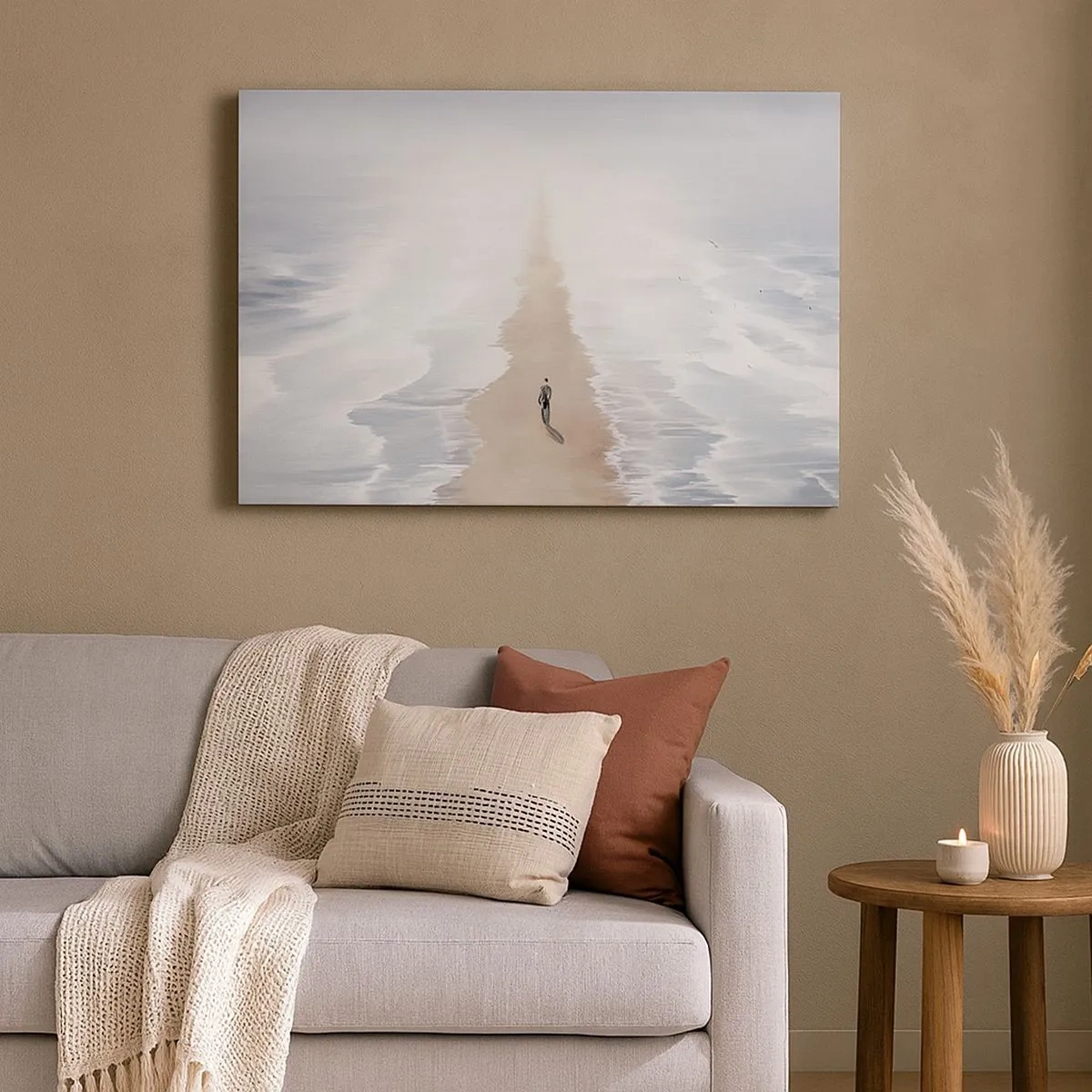 Canvas picture - A figure on a lonely road amidst a vast water landscape - 70x50cm - Bright Future - Modern wall decoration for the living room and bedroom ARTTOR