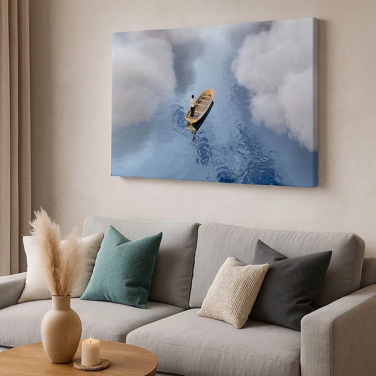 Canvas picture - A man in a boat on a calm sea surrounded by clouds - 70x50cm - Life - Travel - Unknown - Modern wall decoration for the living room and bedroom ARTTOR