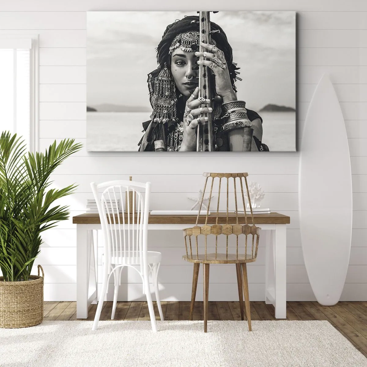 Canvas picture - Portrait of a woman in ethnic jewelry holding an instrument in her hand - 70x50cm - Only Music of the Orient - Modern wall decoration for the living room and bedroom ARTTOR