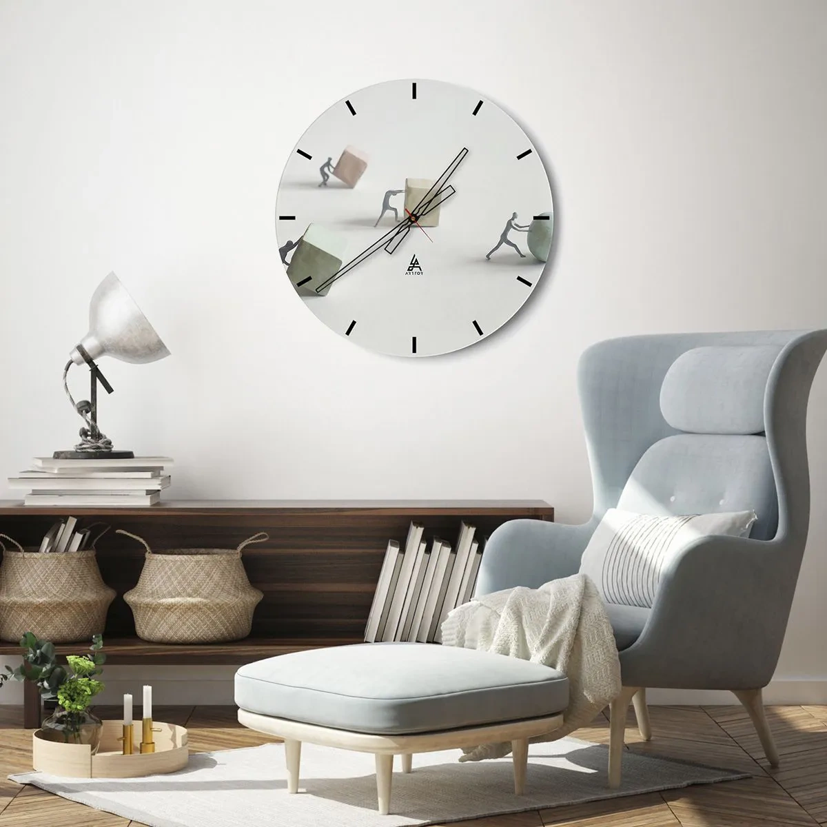 Wall clock - Clock on glass - Figures pushing cubes and a ball symbolizing effort - 30x30cm - That's Life - Modern wall decoration for the living room, kitchen, and bedroom ARTTOR