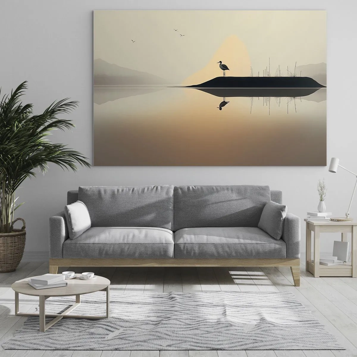 Glass picture - A heron standing on an island in the calm waters of a lake - 70x50cm - Gentleman on the Lake - Modern wall decoration for the living room and bedroom ARTTOR