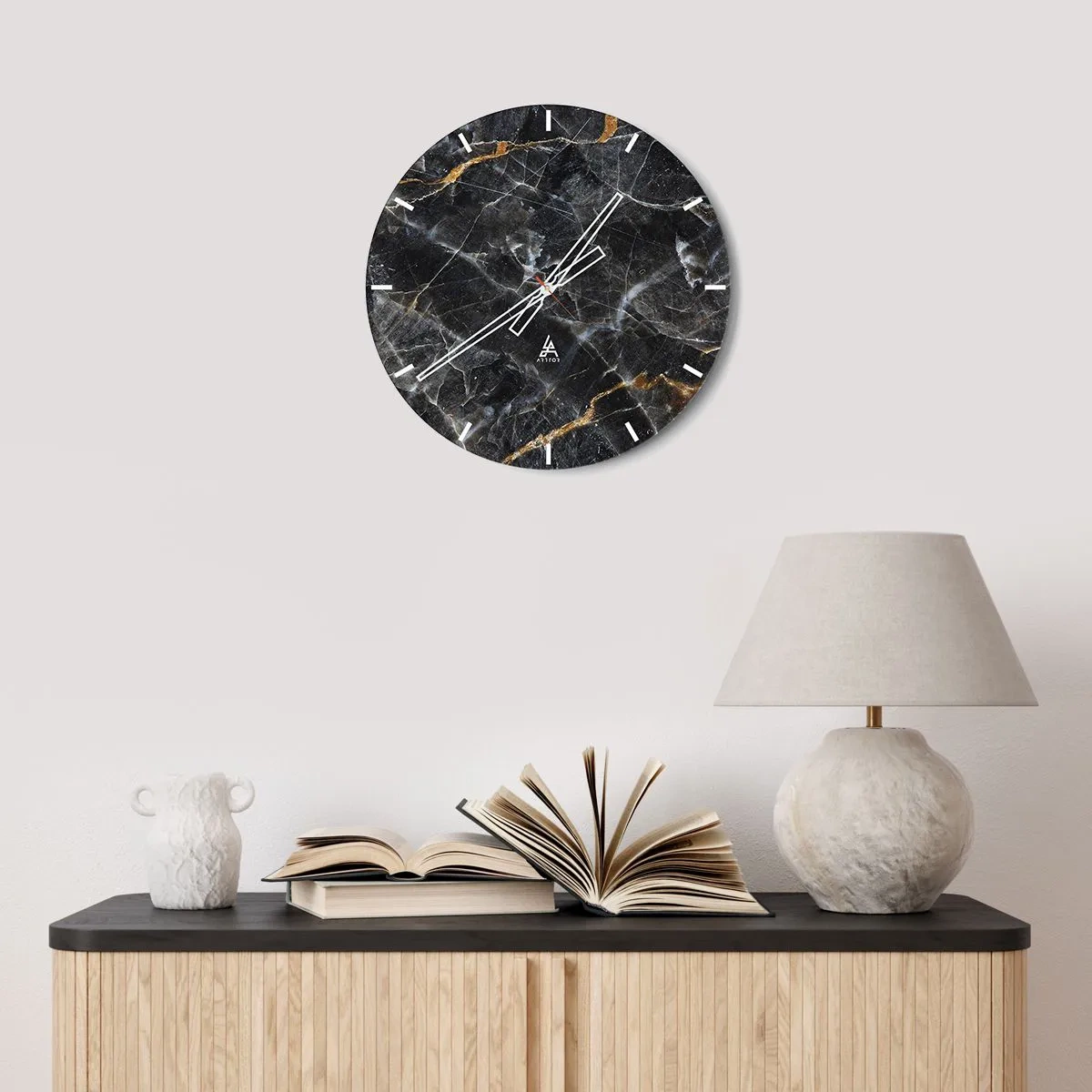 Wall clock - Clock on glass - Black marble structure with light and gold veins - 30x30cm - Interior Life of a Stone - Modern wall decoration for the living room, kitchen, and bedroom ARTTOR