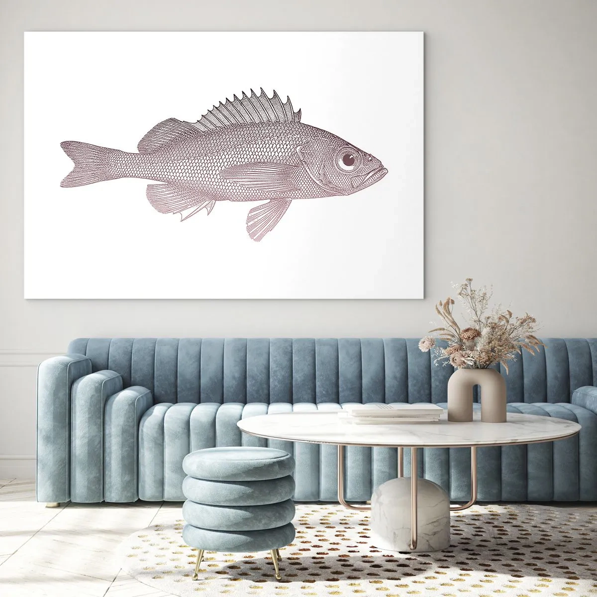 Glass picture - Graphic of a fish with a large eye in a retro style on a white background - 70x50cm - Big-eyed Fish - Modern wall decoration for the living room and bedroom ARTTOR
