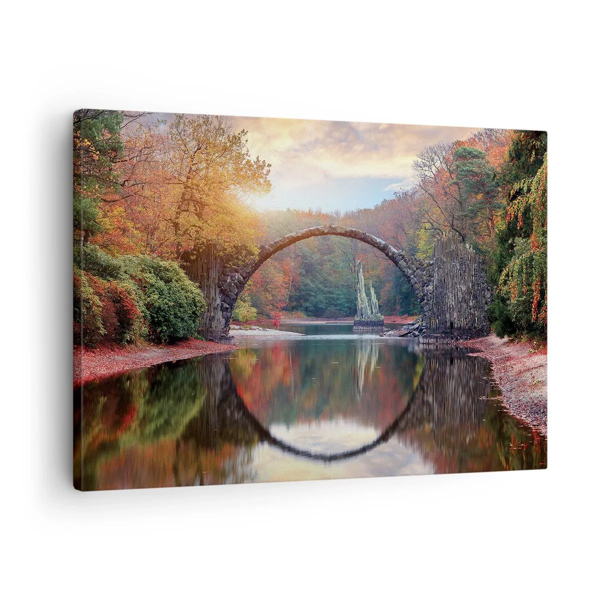 Canvas picture - stone bridge in an autumn scenery over calm water - 70x50cm - On the Other Side of a Mirror - Modern wall decoration for the living room and bedroom ARTTOR