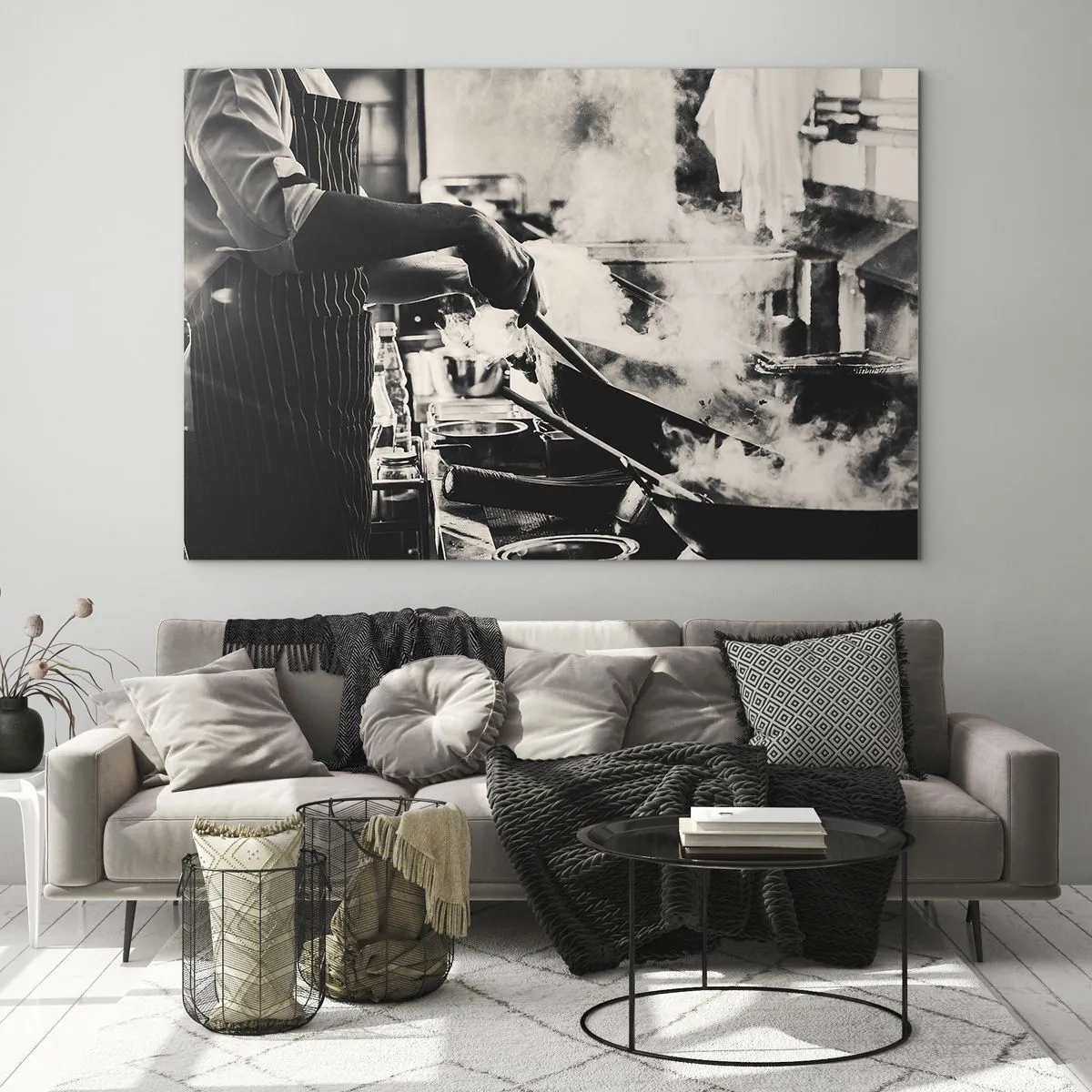 Glass picture - A chef in action with a frying pan in a kitchen filled with steam - 70x50cm - Alchemy of Flavours - Modern wall decoration for the living room and bedroom ARTTOR