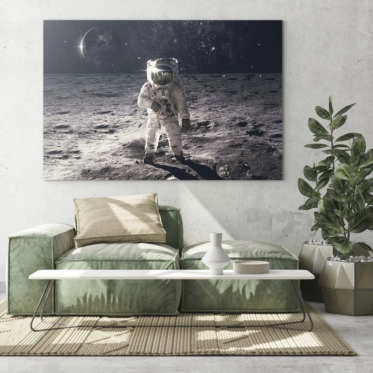 Glass picture - Astronaut on the surface of the Moon with Earth in the background - 70x50cm - Greetings from the Moon - Modern wall decoration for the living room and bedroom ARTTOR