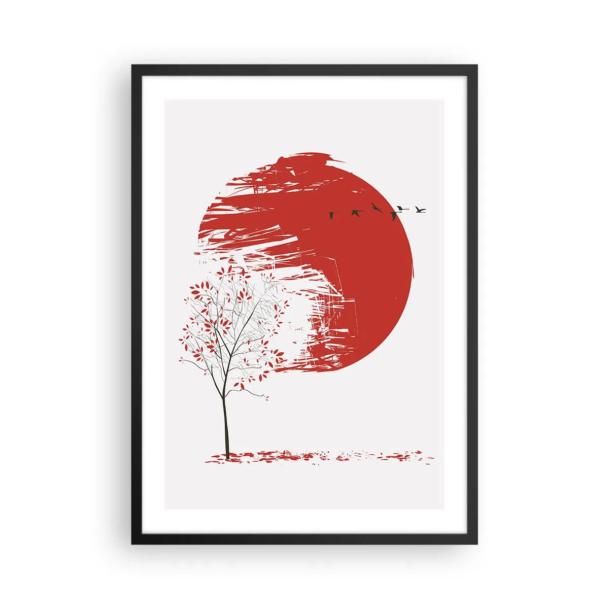 Poster in black frame - Red circle with tree and birds in a minimalist style - 50x70cm - Do You Know This Country? - Modern wall decoration for the living room and bedroom ARTTOR