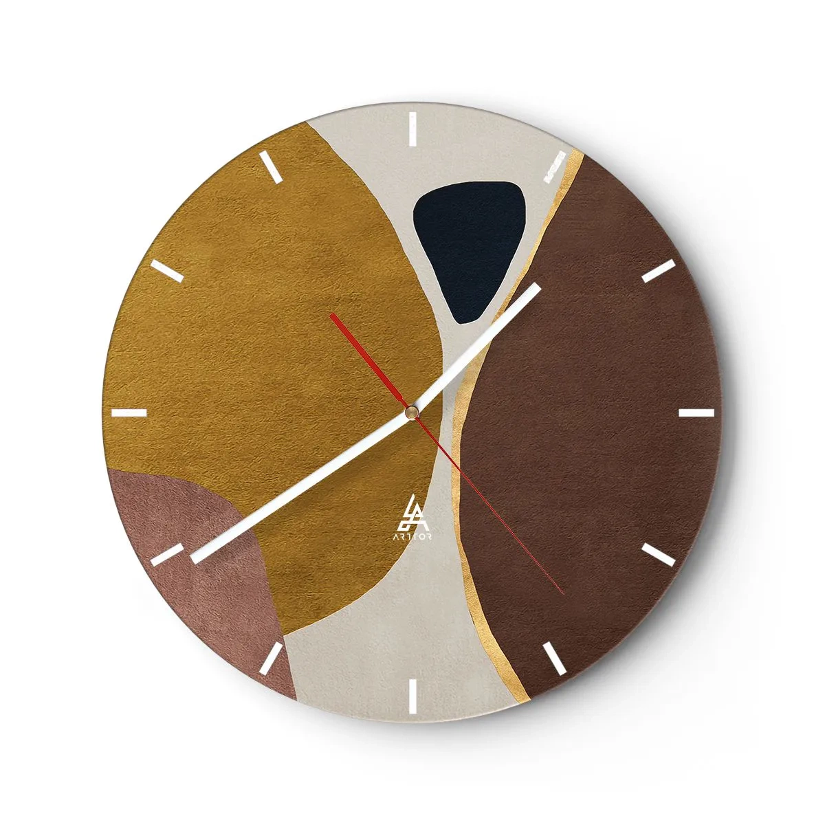 Wall clock - Clock on glass - Abstract shapes in shades of brown, beige and gold - 30x30cm - Abstract - Place in sSace - Modern wall decoration for the living room, kitchen, and bedroom ARTTOR
