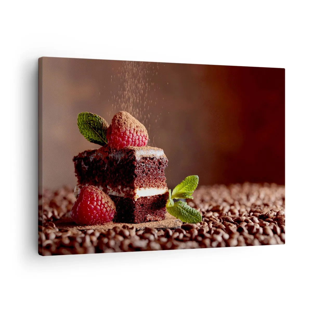 Canvas picture - Chocolate cake with raspberries and mint on a background of cocoa beans - 70x50cm - Life Is Sweet - Modern wall decoration for the living room and bedroom ARTTOR