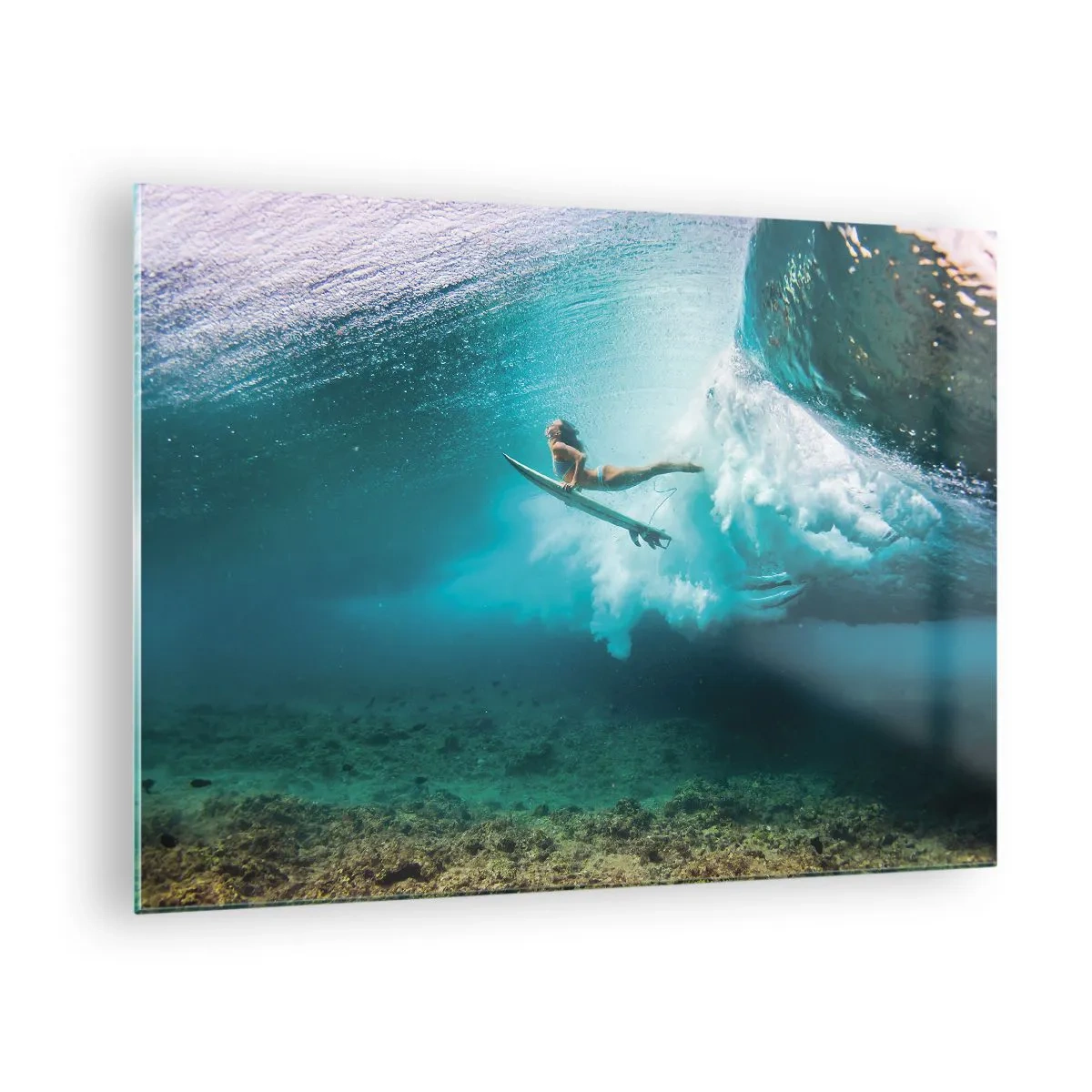 Glass picture - Surfer underwater among the waves with a surfboard - 70x50cm - Undewater World - Modern wall decoration for the living room and bedroom ARTTOR