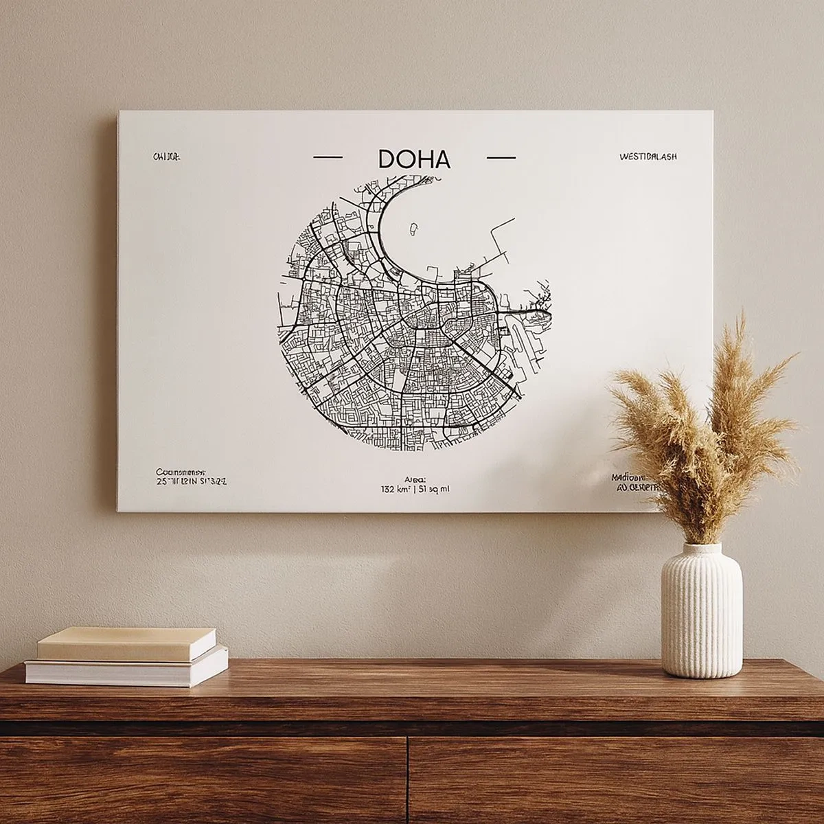 Canvas picture - minimalist map of Doha in black and white with precise details. - 70x50cm - Anatomy of Doha - Modern wall decoration for the living room and bedroom ARTTOR