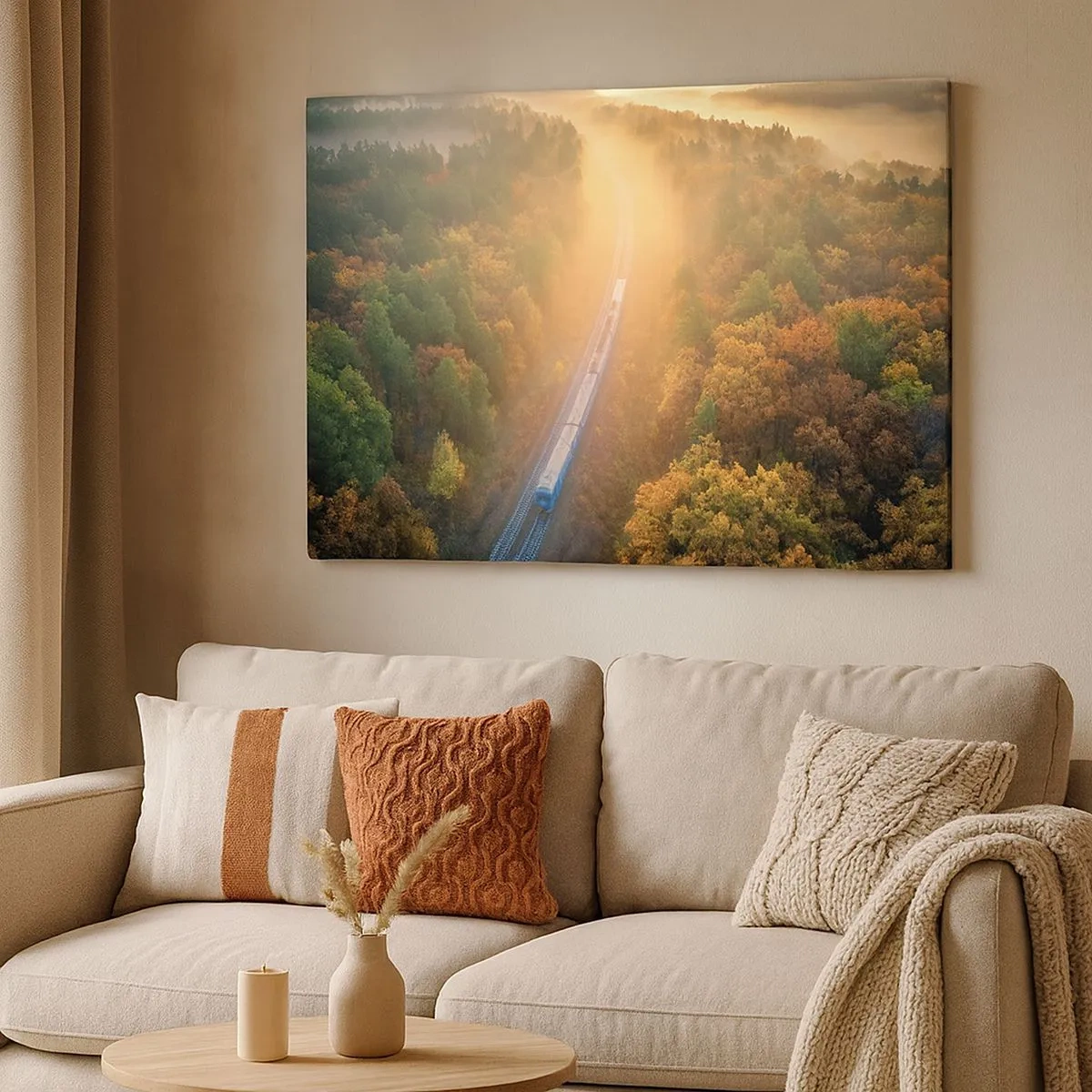 Canvas picture - train in an autumn forest at dawn - 70x50cm - Autumn Trip - Modern wall decoration for the living room and bedroom ARTTOR