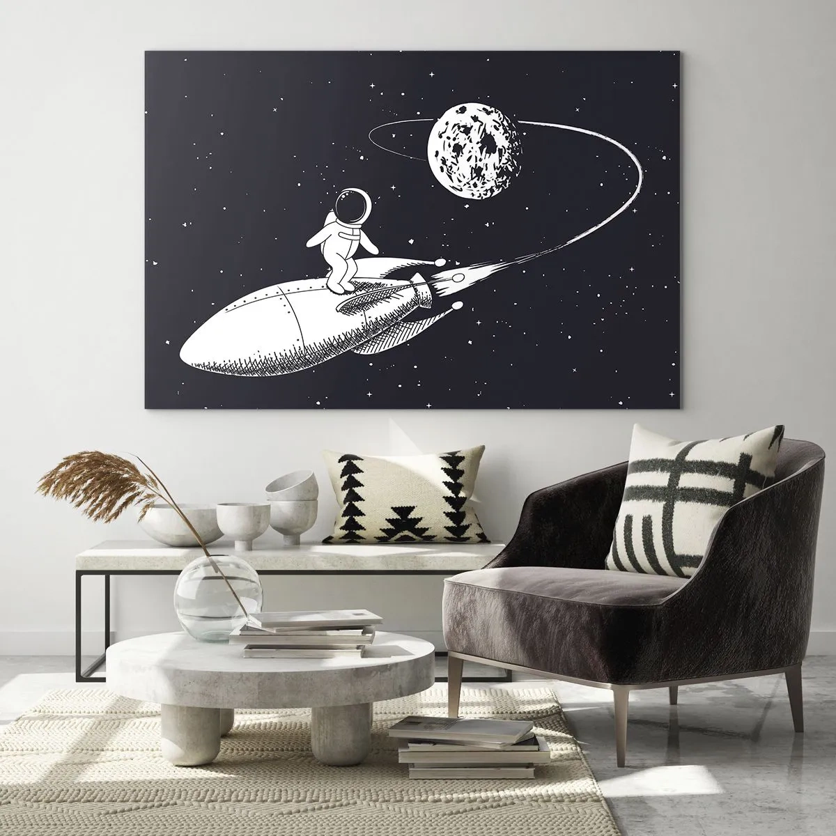Glass picture - Cartoon astronaut surfing in space on a rocket - 70x50cm - Space Surfer - Modern wall decoration for the living room and bedroom ARTTOR