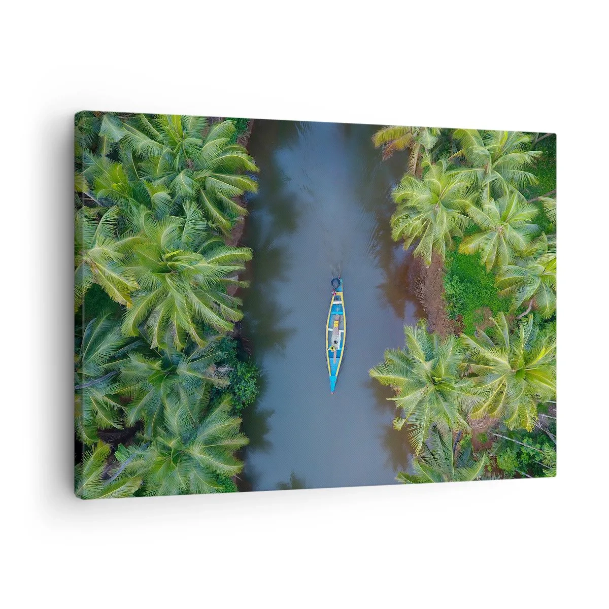 Canvas picture - A bird's eye view of a boat on a river surrounded by palm trees - 70x50cm - On Tropical Trail - Modern wall decoration for the living room and bedroom ARTTOR