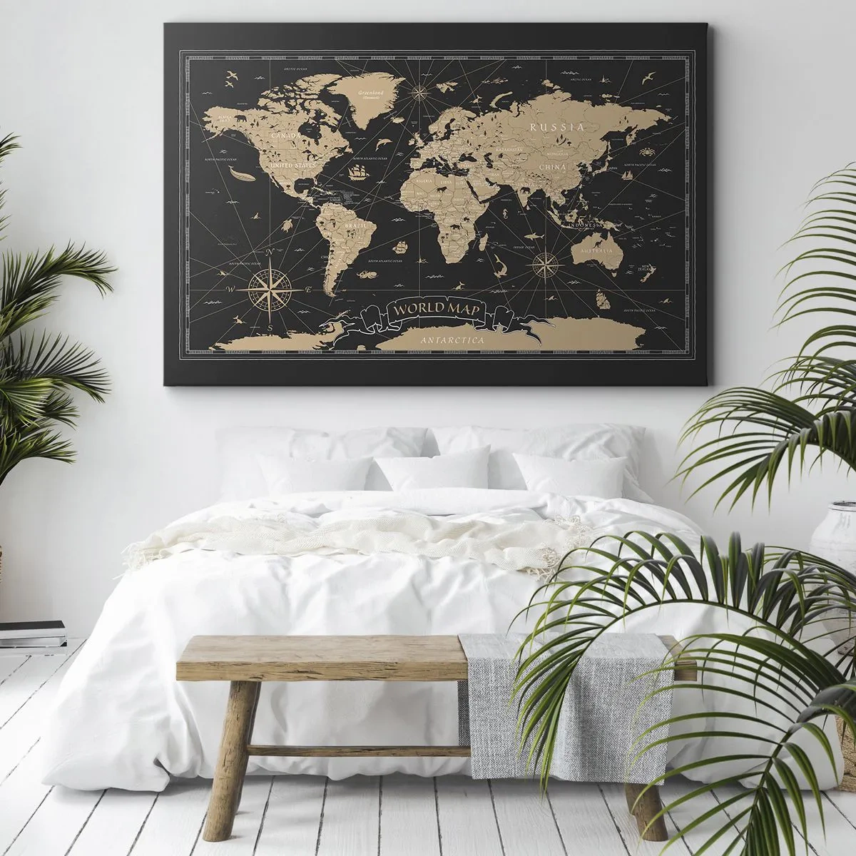 Canvas picture - A stylized world map on a black background with beige accents. - 70x50cm - Borders of My World - Modern wall decoration for the living room and bedroom ARTTOR