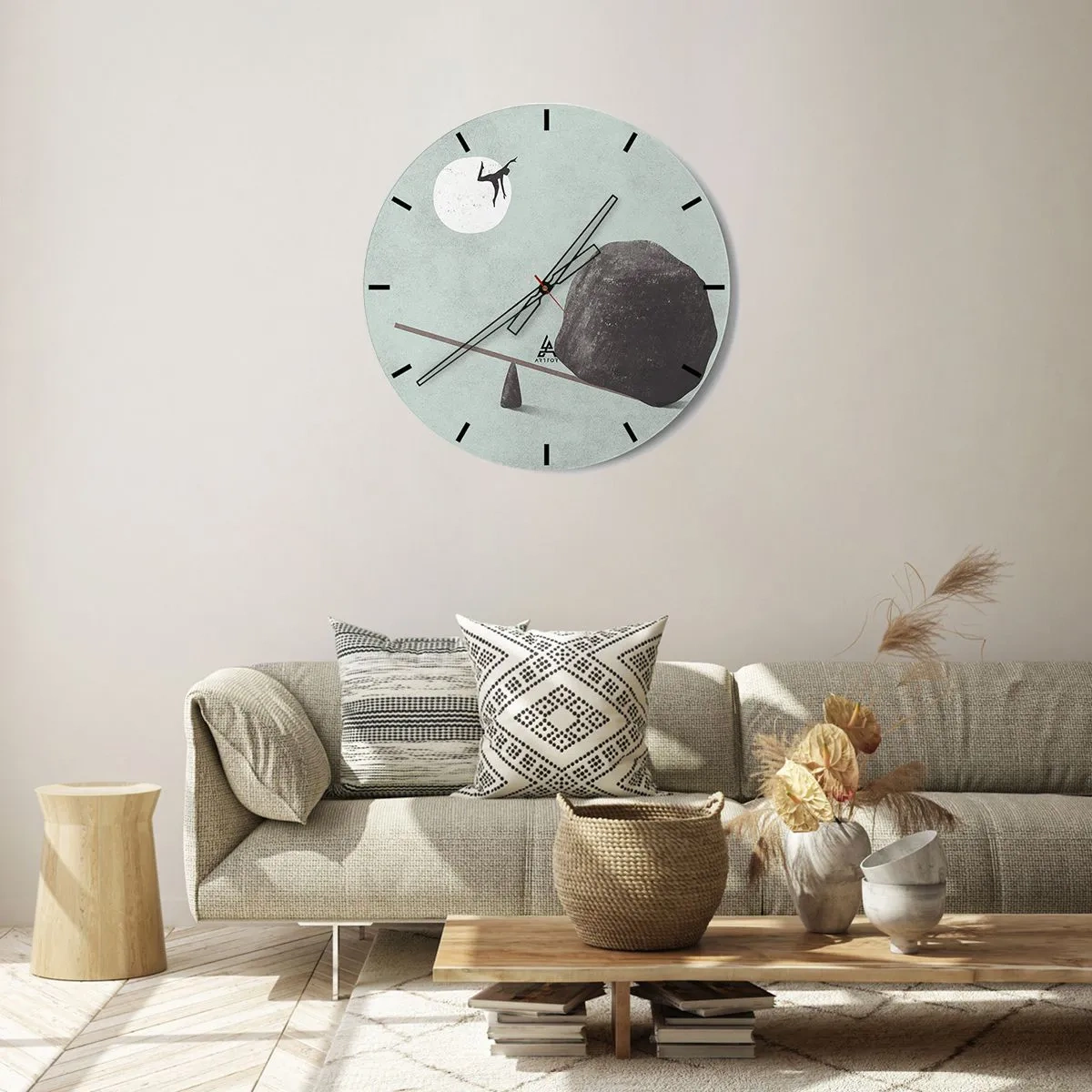 Wall clock - Clock on glass - A character is catapulted from a seesaw by a rock towards the moon. - 30x30cm - Dream Come True - Modern wall decoration for the living room, kitchen, and bedroom ARTTOR