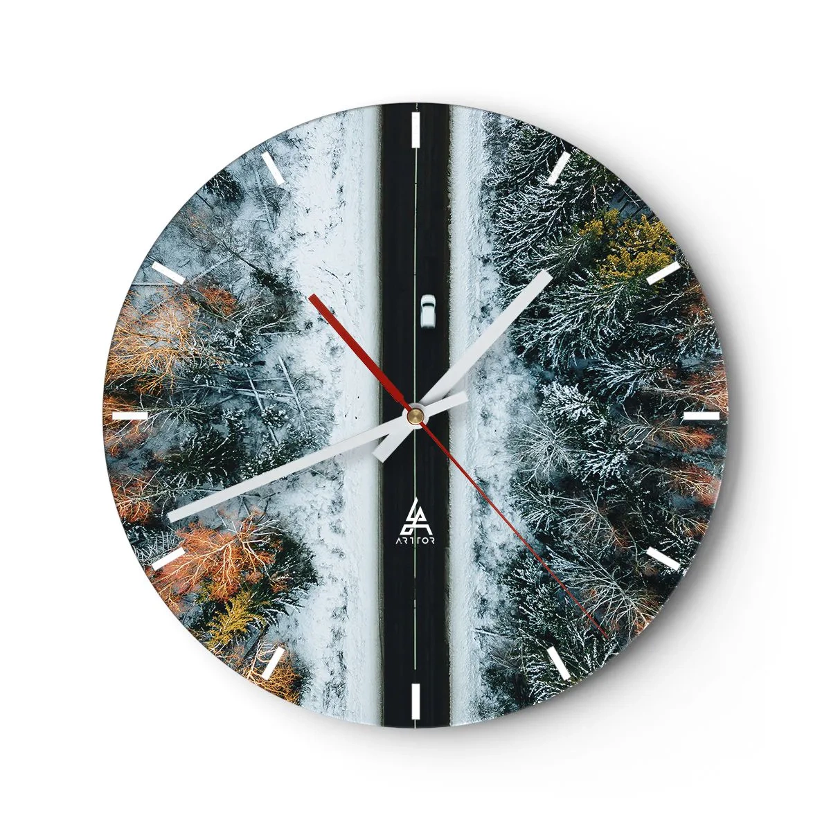 Wall clock - Clock on glass - A forest road in winter seen from a bird's eye view with a car driving by - 30x30cm - Through a Wintery Forest - Modern wall decoration for the living room, kitchen, and bedroom ARTTOR