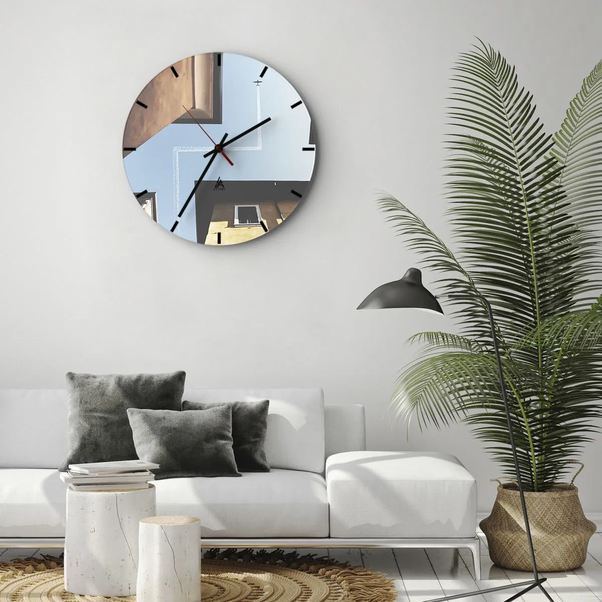 Wall clock - Clock on glass - View from the courtyard of a blue sky with an airplane - 30x30cm - Above City Maze - Modern wall decoration for the living room, kitchen, and bedroom ARTTOR