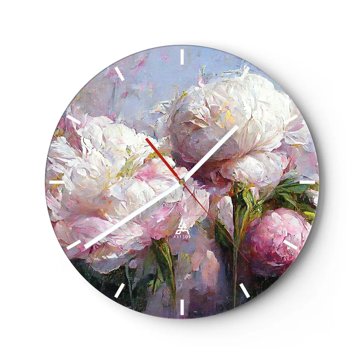 Wall clock - Clock on glass - A bouquet of white and pink flowers on a blue background - 30x30cm - Bouquet Bubbling with Life - Modern wall decoration for the living room, kitchen, and bedroom ARTTOR