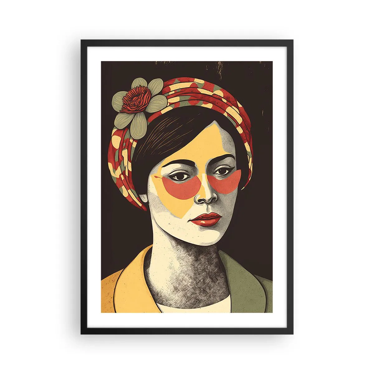 Poster in black frame - Stylized portrait of a woman in a turban with a floral accent - 50x70cm - Coral Lady - Modern wall decoration for the living room and bedroom ARTTOR