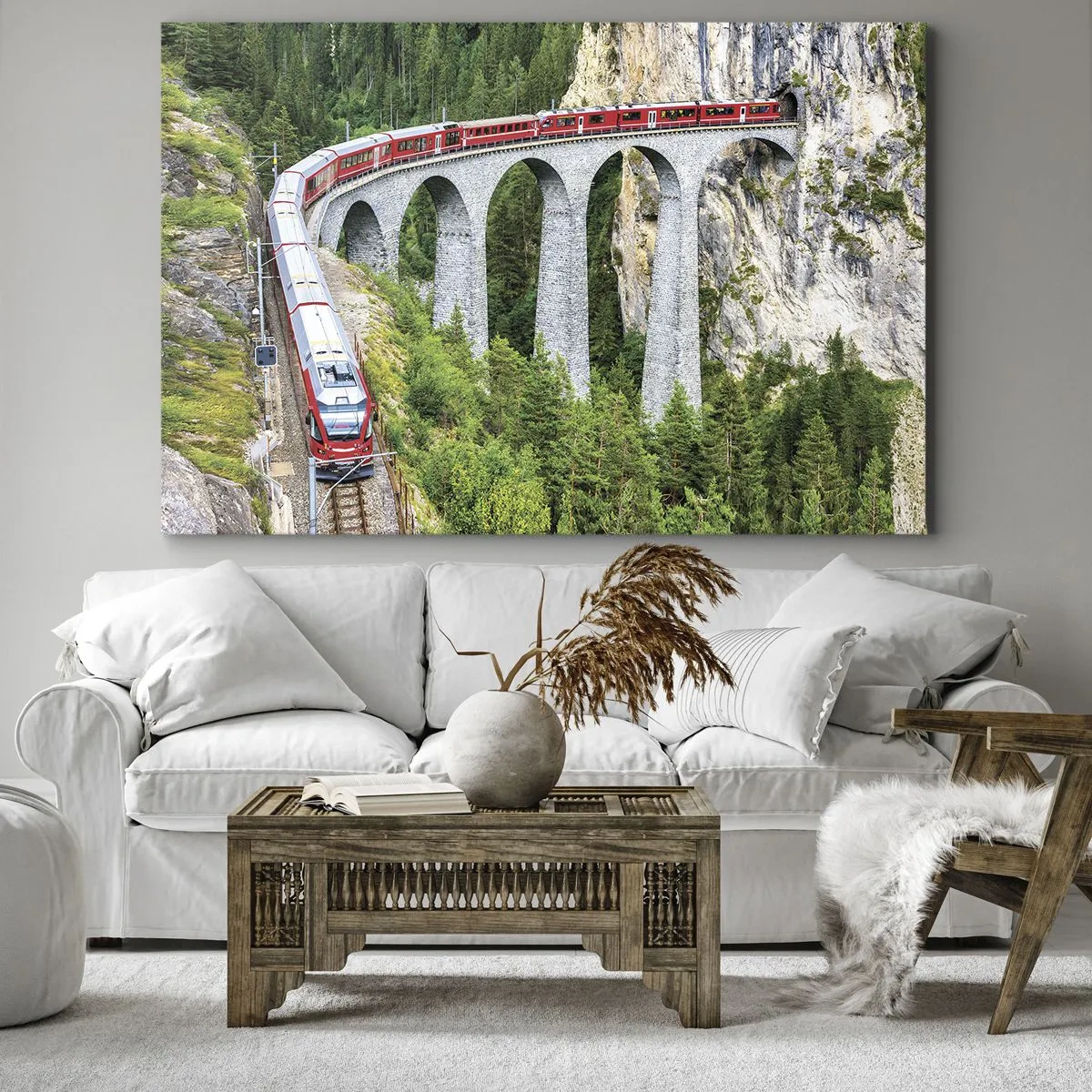 Canvas picture - A train on a picturesque viaduct in a mountainous landscape - 70x50cm - Time for Mountin Views - Modern wall decoration for the living room and bedroom ARTTOR