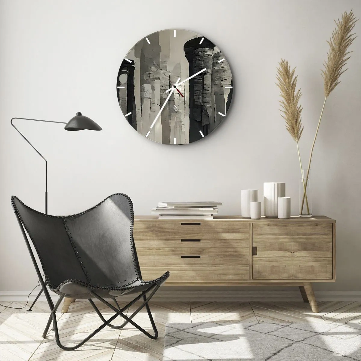 Wall clock - Clock on glass - Monumental columns in painterly beige and gray tones - 30x30cm - Majesty of Antiquity - Modern wall decoration for the living room, kitchen, and bedroom ARTTOR