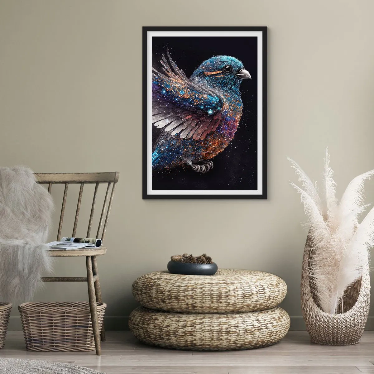 Poster in black frame - A space bird with star plumage on a black background - 50x70cm - Diamond Sparrow - Modern wall decoration for the living room and bedroom ARTTOR