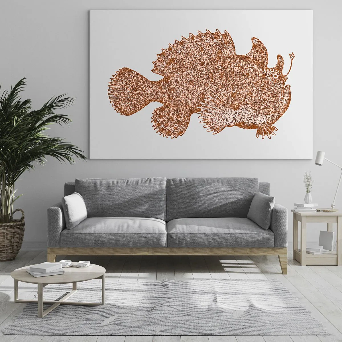 Glass picture - A rusty drawing of a deep-sea fish made using the dot technique - 70x50cm - Fish after All - Modern wall decoration for the living room and bedroom ARTTOR