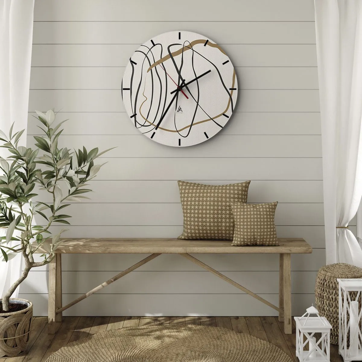 Wall clock - Clock on glass - Abstract, dancing lines on a light background - 30x30cm - Composition - Dance of Possession - Modern wall decoration for the living room, kitchen, and bedroom ARTTOR