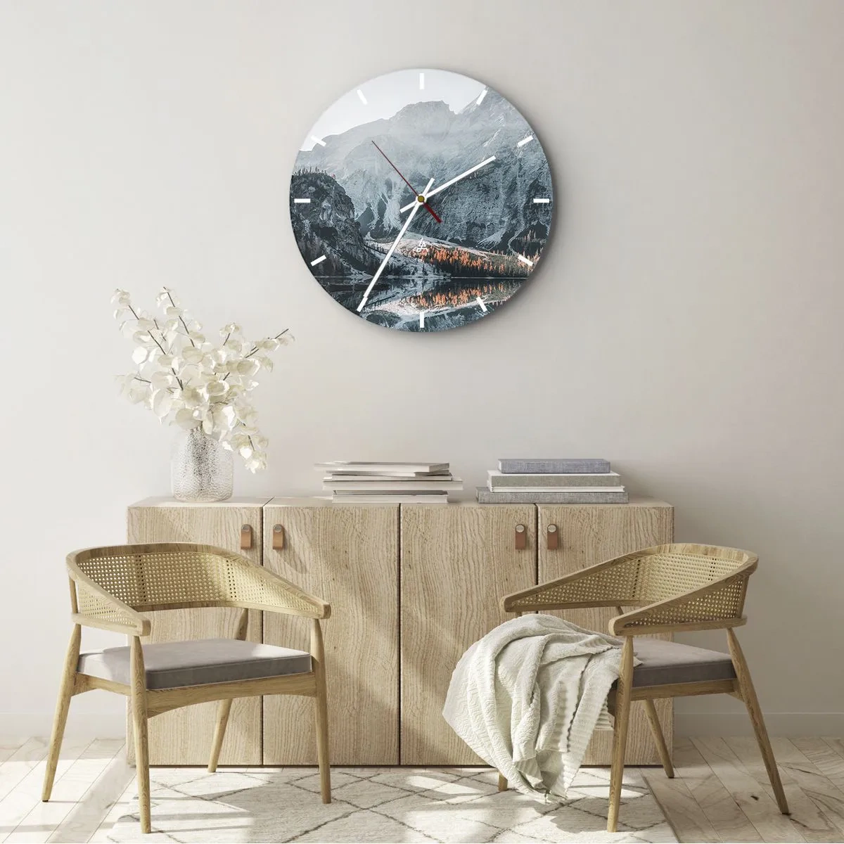 Wall clock - Clock on glass - A mountain landscape reflected in the surface of a calm lake - 30x30cm - Mirror Landscape - Modern wall decoration for the living room, kitchen, and bedroom ARTTOR