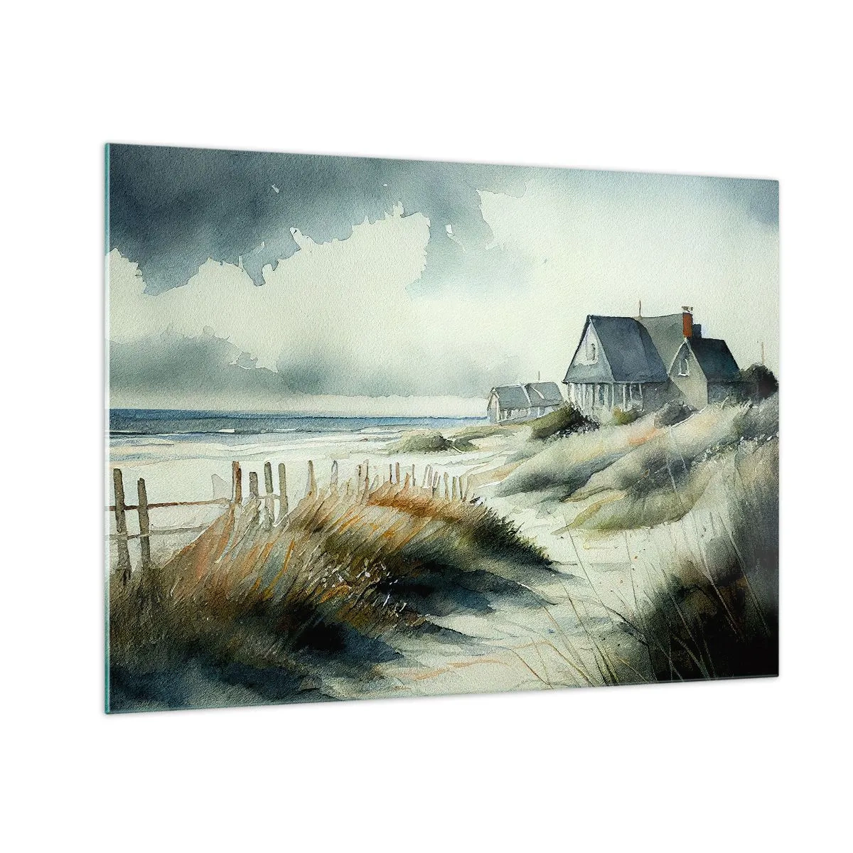 Glass picture - Beachfront dune houses under a cloudy sky - 70x50cm - Away from the Hustle and Bustle - Modern wall decoration for the living room and bedroom ARTTOR