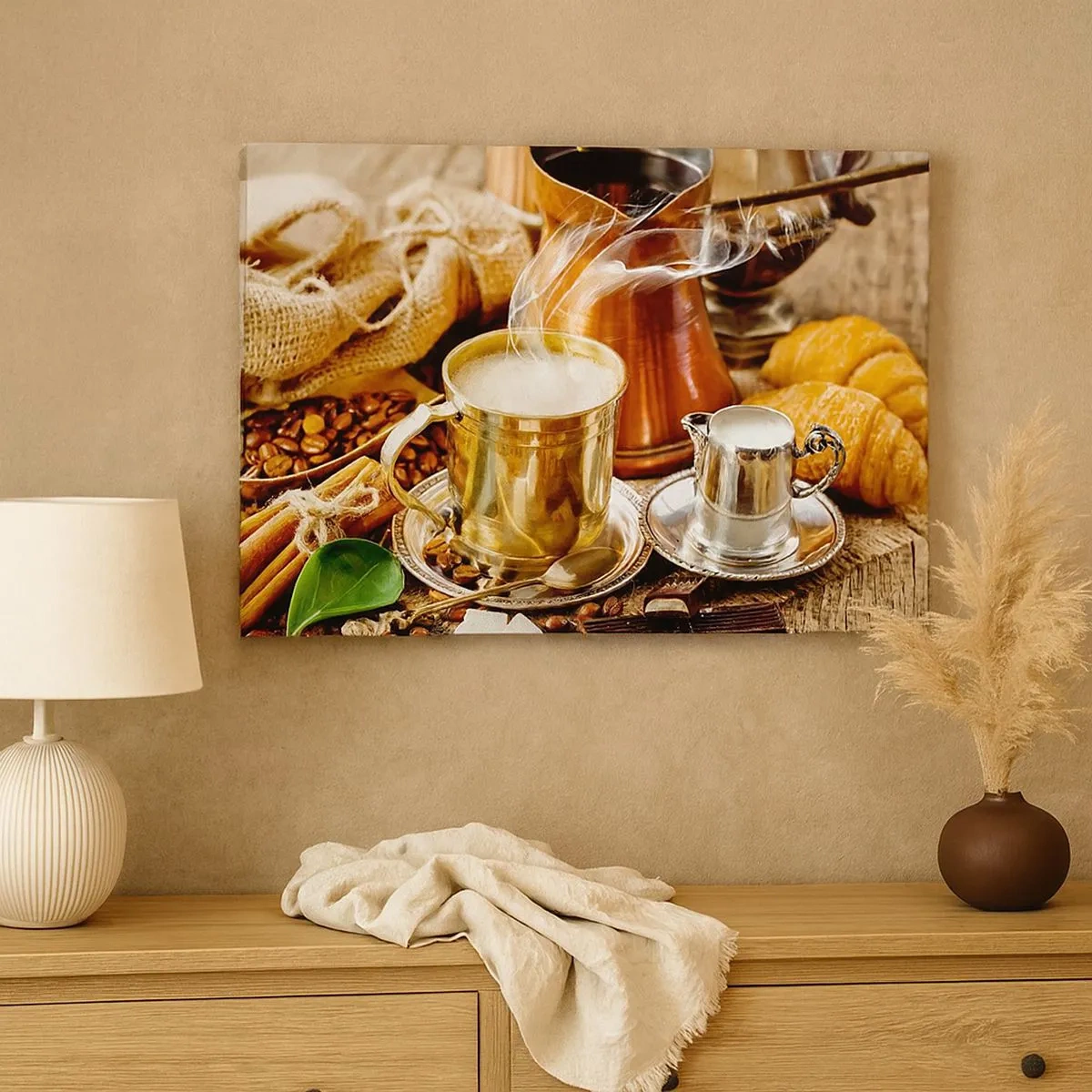 Canvas picture - A golden mug of coffee surrounded by beans, jugs and croissants - 70x50cm - Have a Nice Day! - Modern wall decoration for the living room and bedroom ARTTOR