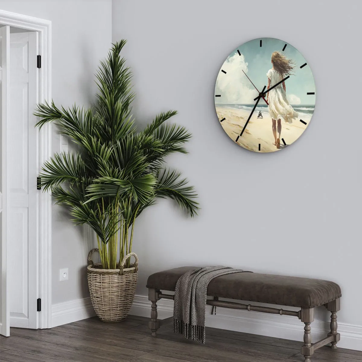 Wall clock - Clock on glass - A woman in a white dress walking barefoot on the beach - 30x30cm - Meeting the Sun aand the Wind - Modern wall decoration for the living room, kitchen, and bedroom ARTTOR