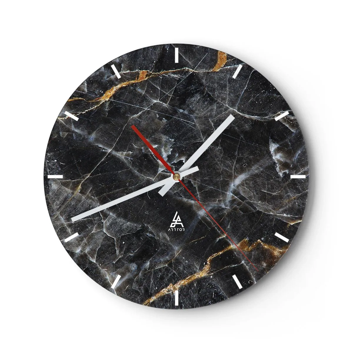 Wall clock - Clock on glass - Black marble structure with light and gold veins - 30x30cm - Interior Life of a Stone - Modern wall decoration for the living room, kitchen, and bedroom ARTTOR