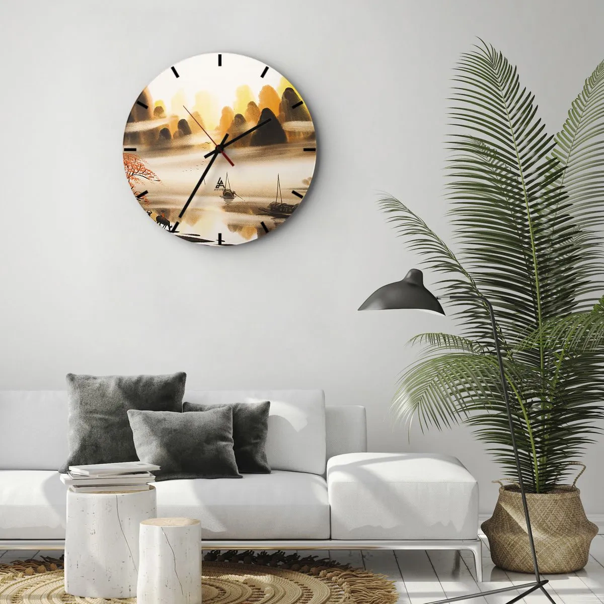 Wall clock - Clock on glass - Landscape with mountains and boats in the fog in an oriental style - 30x30cm - Further than Far East - Modern wall decoration for the living room, kitchen, and bedroom ARTTOR