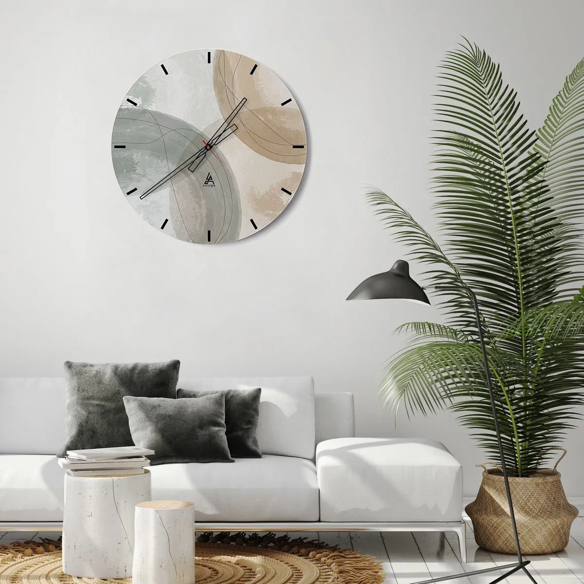 Wall clock - Clock on glass - Abstract interpenetrating shapes in beige shades - 30x30cm - Permeation of Worlds - Modern wall decoration for the living room, kitchen, and bedroom ARTTOR