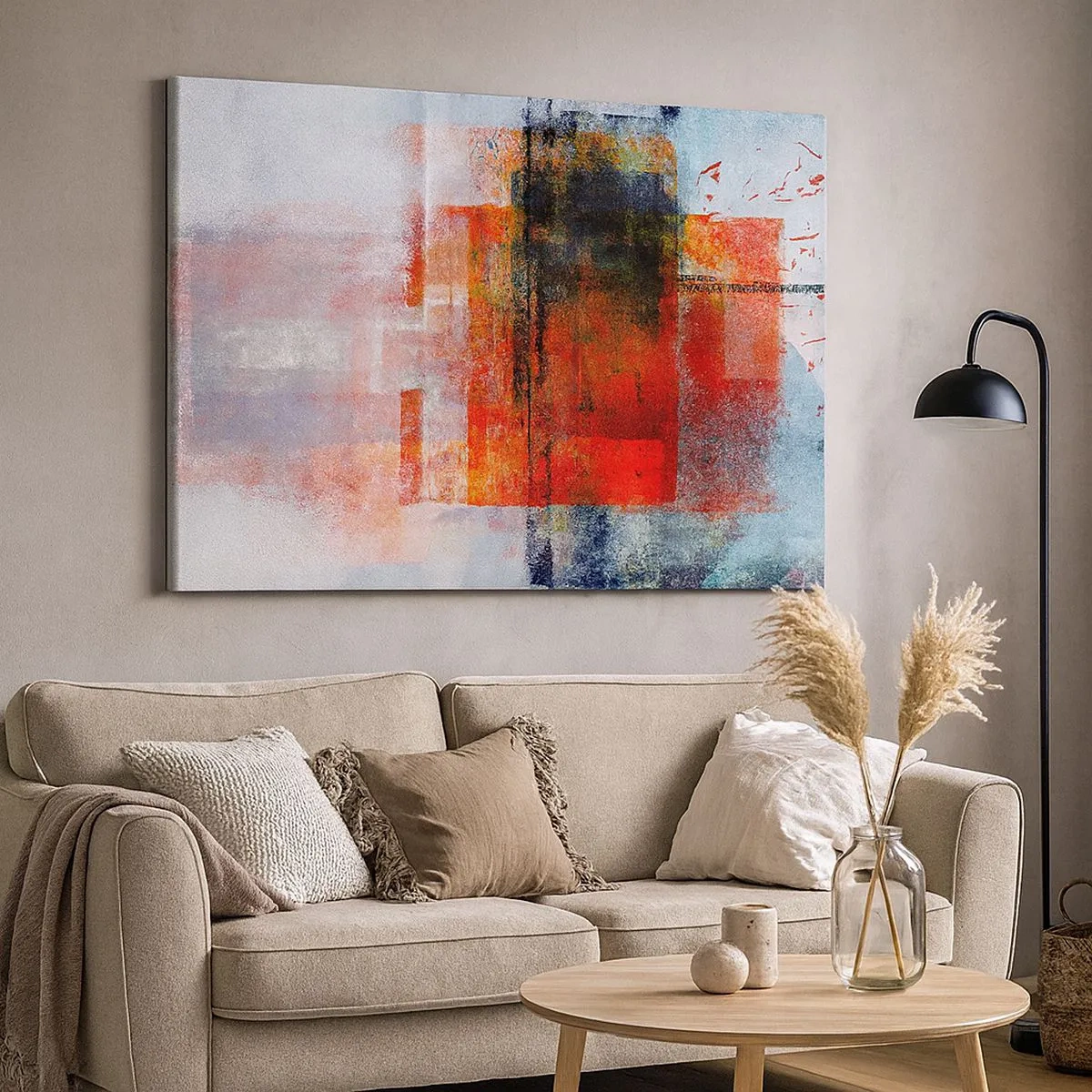 Canvas picture - Abstract geometric composition with red and orange accents - 70x50cm - Glowing Composition - Modern wall decoration for the living room and bedroom ARTTOR