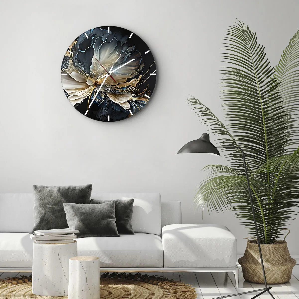 Wall clock - Clock on glass - A fancy flower with flowing shapes in gold and navy blue. - 30x30cm - Fairy Tale World of Ferns - Modern wall decoration for the living room, kitchen, and bedroom ARTTOR
