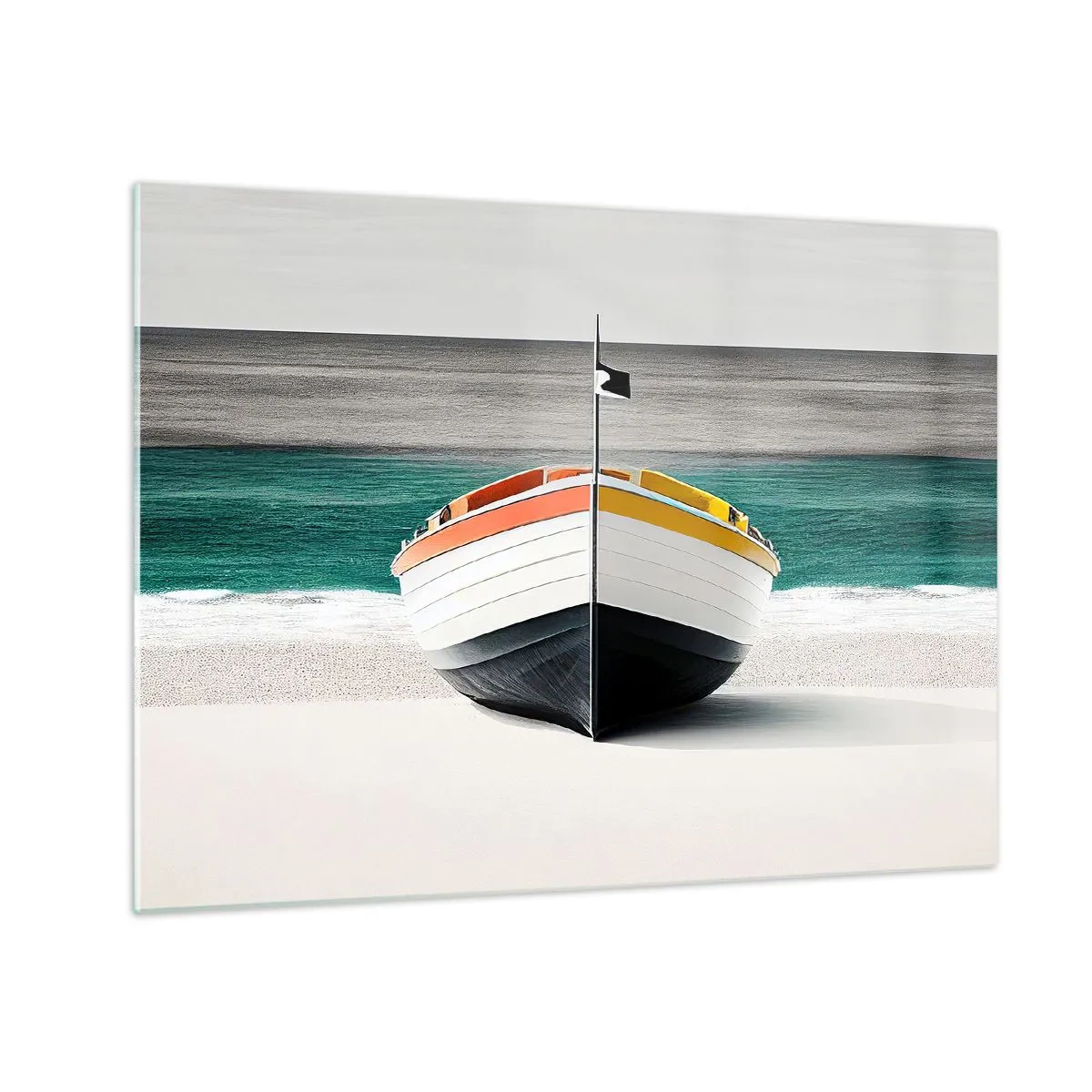 Glass picture - A colorful boat on the beach with a turquoise sea in the background - 70x50cm - In Its Place - Modern wall decoration for the living room and bedroom ARTTOR