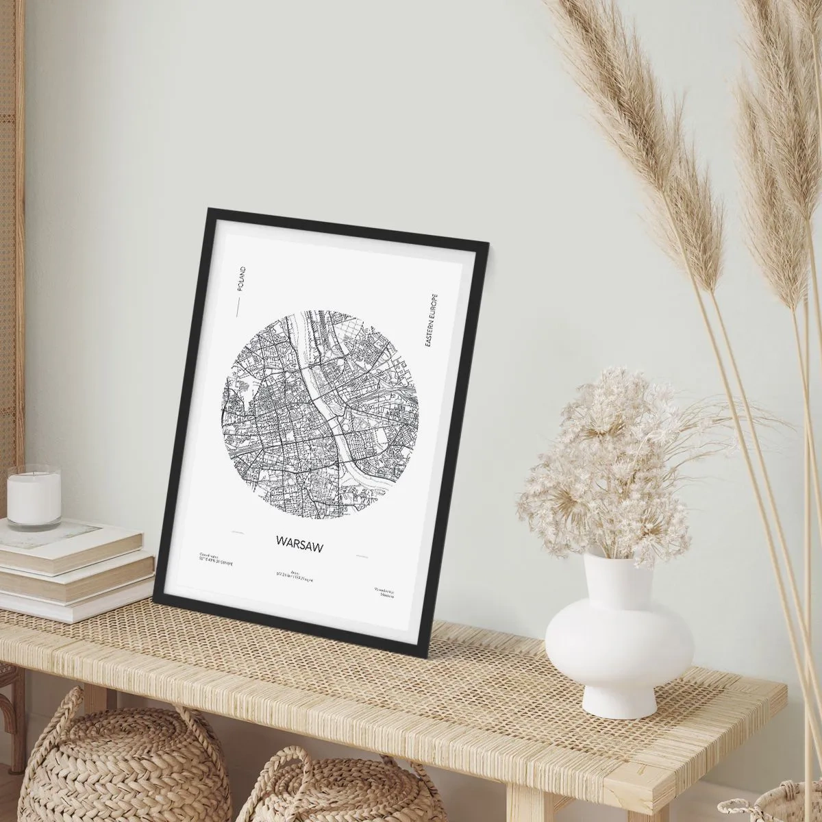Poster in black frame - Minimalist map of Warsaw in a circle - 50x70cm - Anatomy of Warsaw - Modern wall decoration for the living room and bedroom ARTTOR
