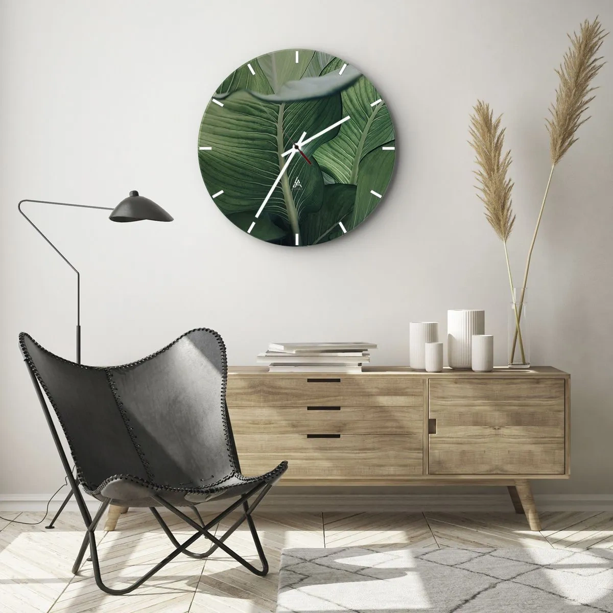Wall clock - Clock on glass - Close-up of intensely green tropical leaves - 30x30cm - Life in Intense Green Colour - Modern wall decoration for the living room, kitchen, and bedroom ARTTOR