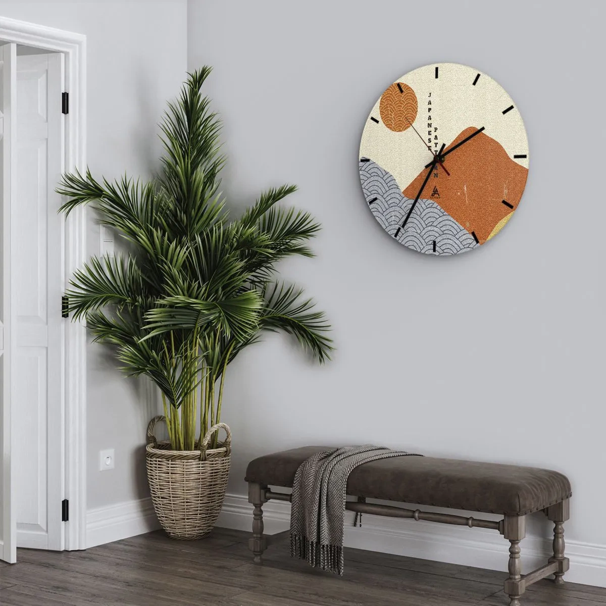 Wall clock - Clock on glass - Graphic Japanese patterns with mountains, sun, and waves - 30x30cm - In the Japanese Spirit - Modern wall decoration for the living room, kitchen, and bedroom ARTTOR
