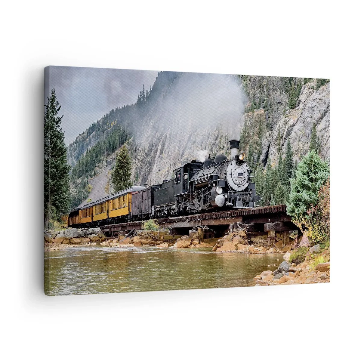 Canvas picture - A steam locomotive on a bridge in a picturesque mountain landscape - 70x50cm - Where Are You off to? - Modern wall decoration for the living room and bedroom ARTTOR