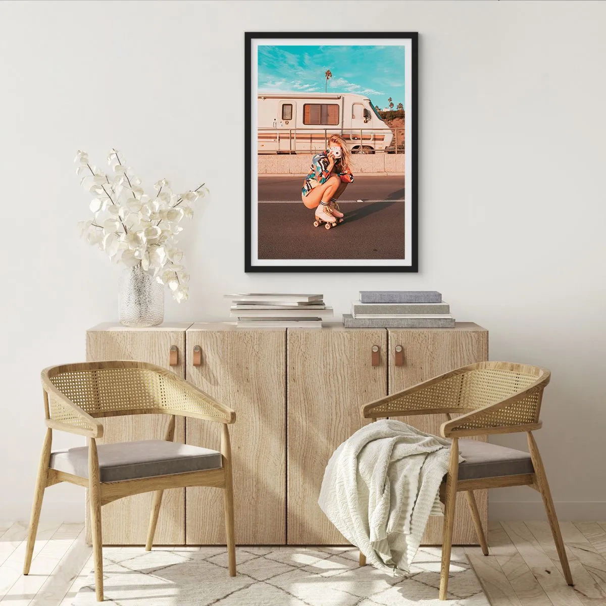Poster in black frame - A girl on roller skates with a camera in front of a camper van - 50x70cm - Smile, Please! - Modern wall decoration for the living room and bedroom ARTTOR