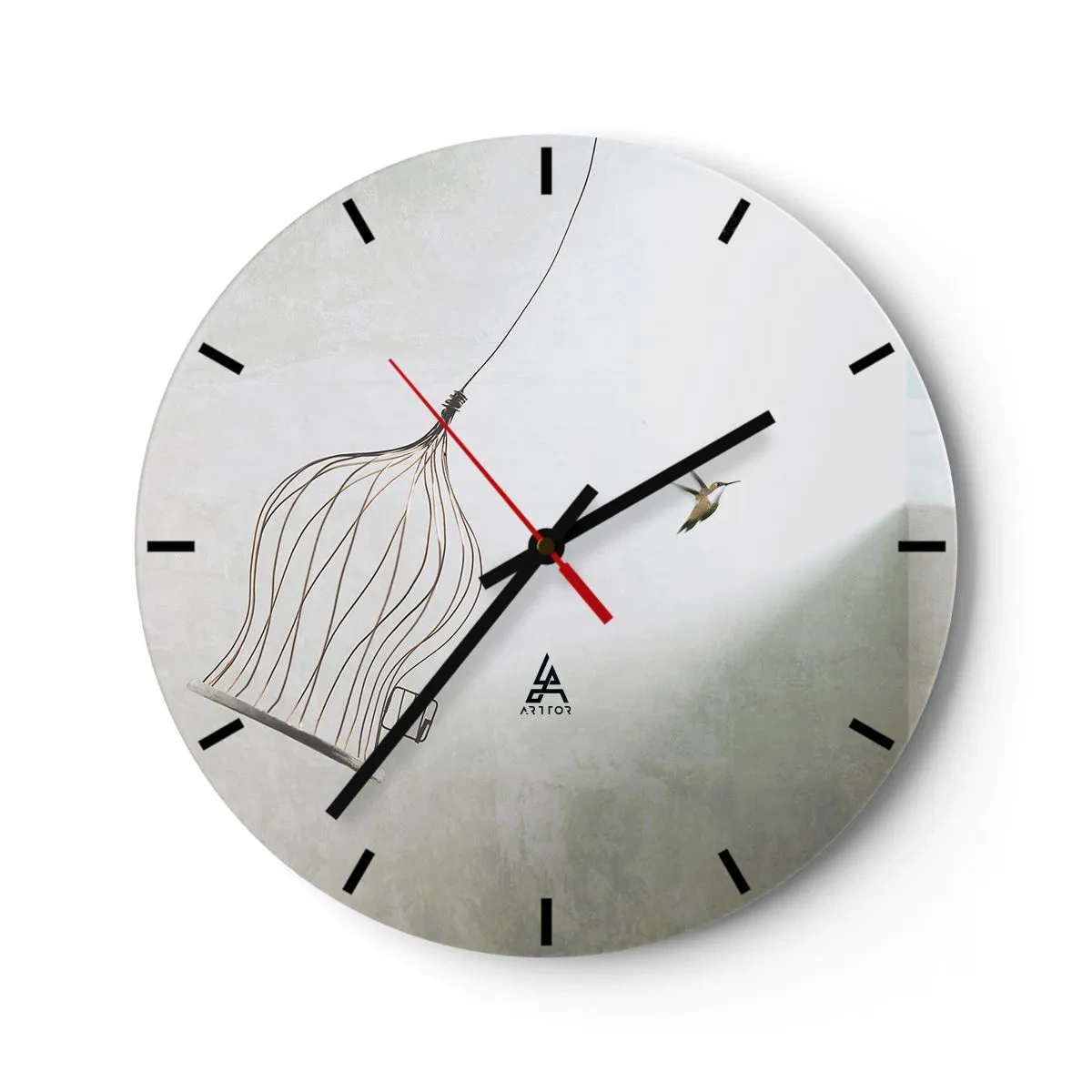 Wall clock - Clock on glass - A bird leaving its cage against a light background - 30x30cm - In His Element - Modern wall decoration for the living room, kitchen, and bedroom ARTTOR