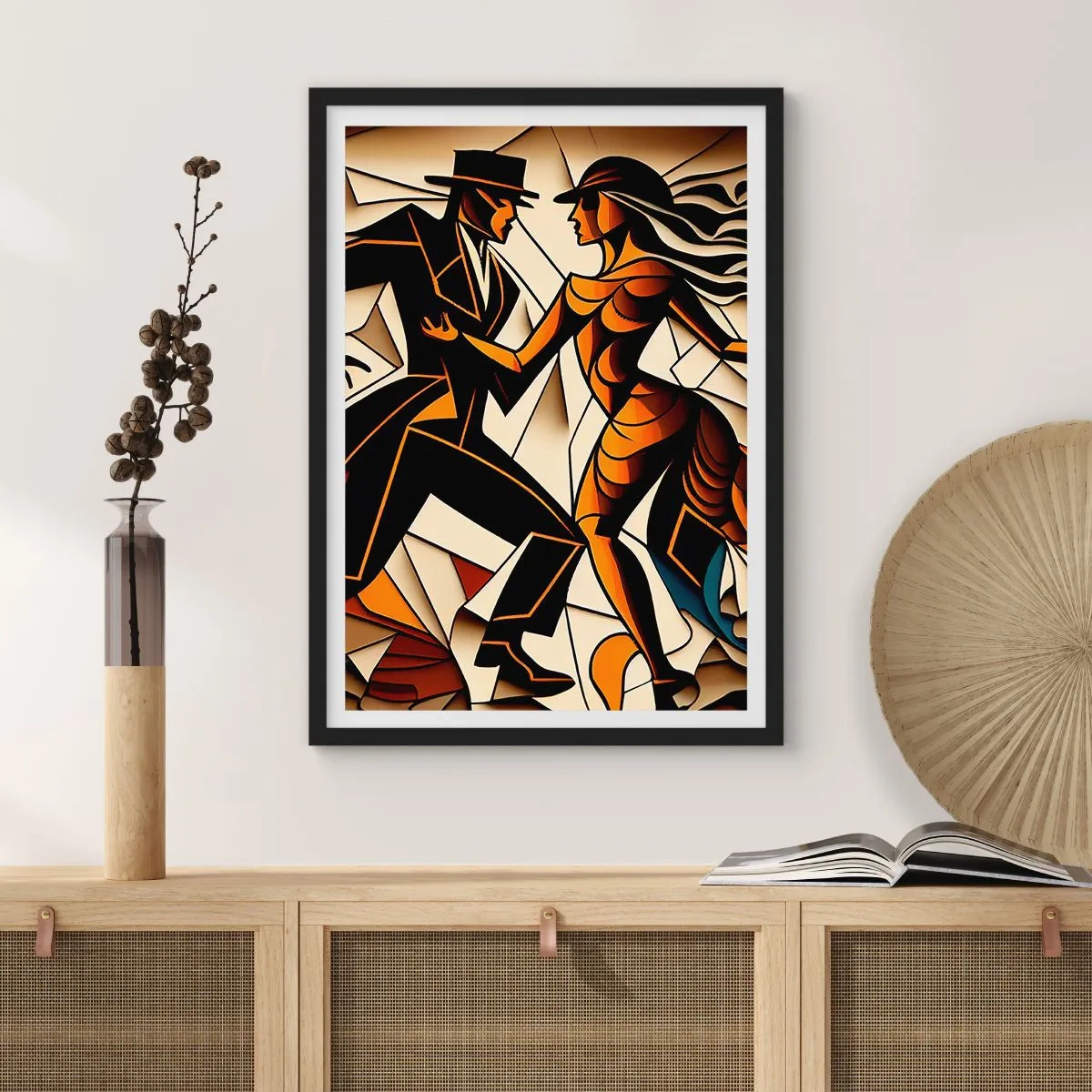 Poster in black frame - A dynamic couple dancing the tango in a cubist style. - 50x70cm - Dance of Passion - Modern wall decoration for the living room and bedroom ARTTOR